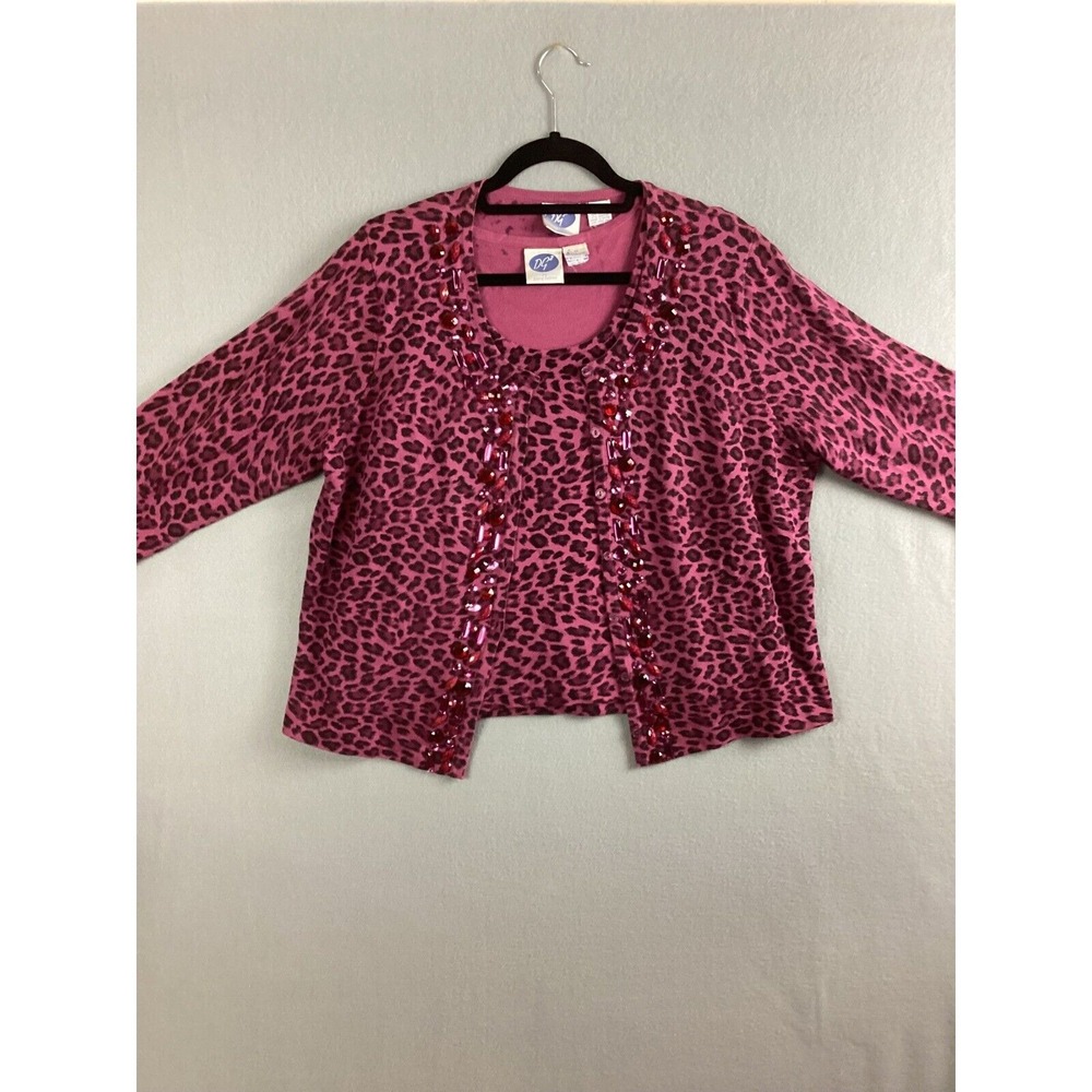 Embellished Pink Leopard Print Women's Sweater Jacket